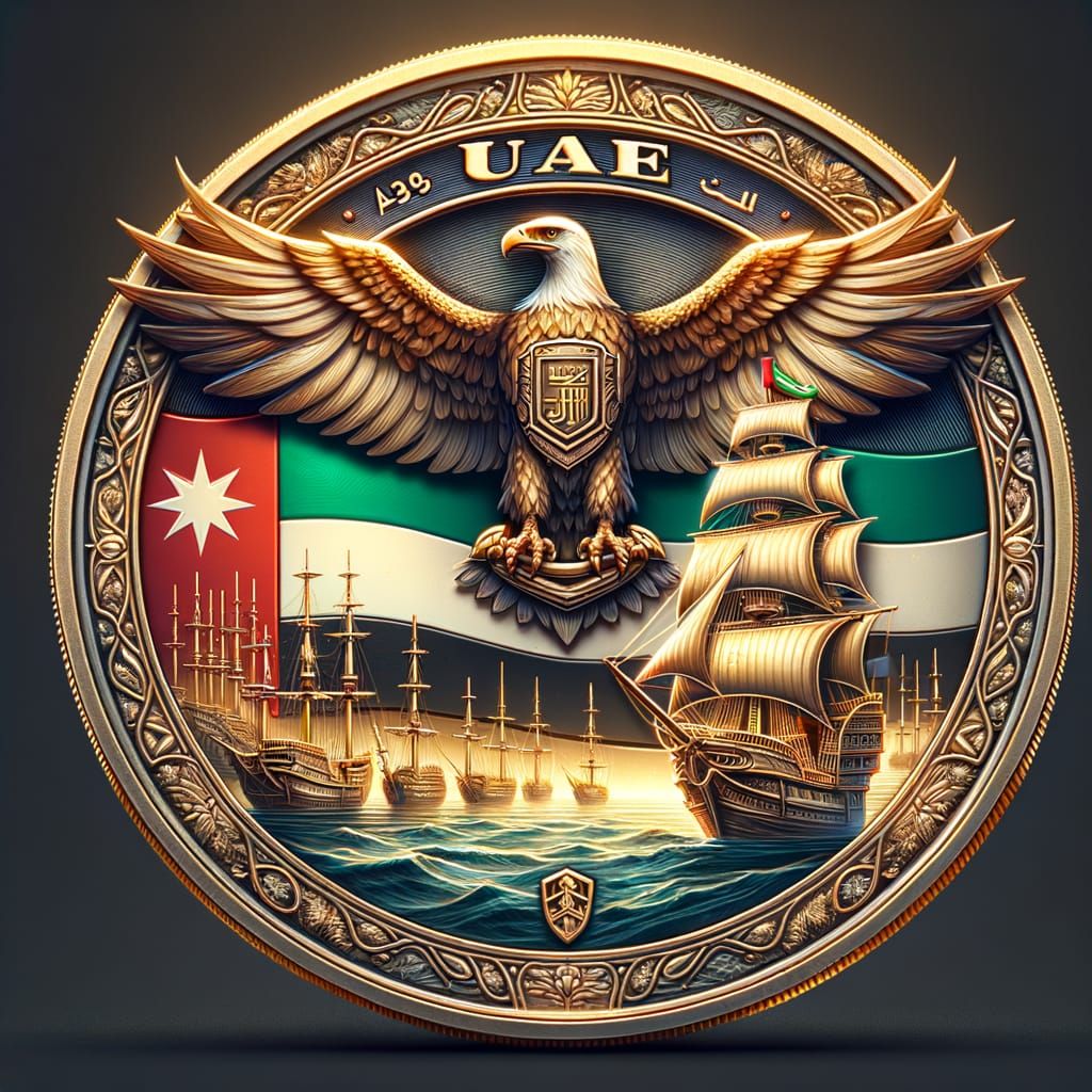 Eagle and UAE Ship Coin Design in Matte Painting Style