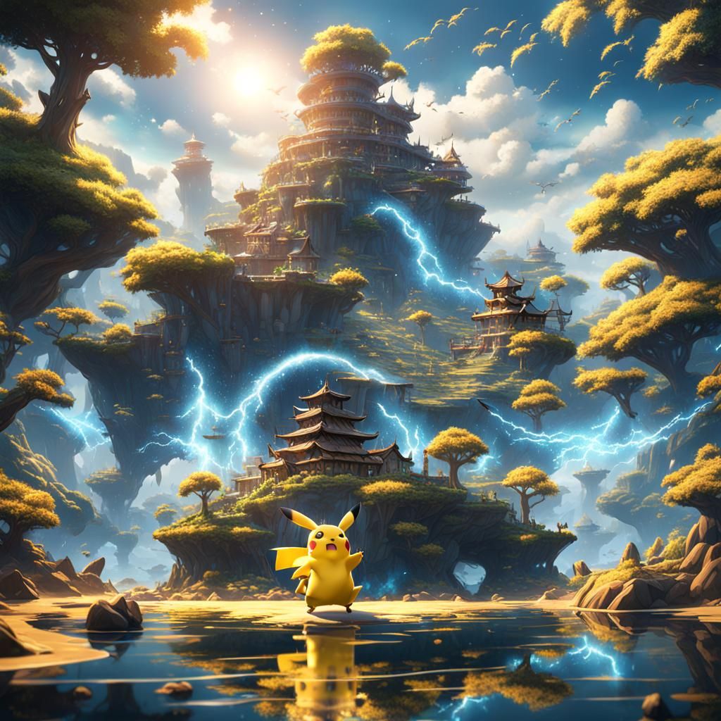 Pikachu on a Flying Island in Detailed Matte Painting Style