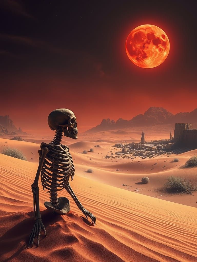 Apocalyptic Desert Scene with Skeleton and Red Moon