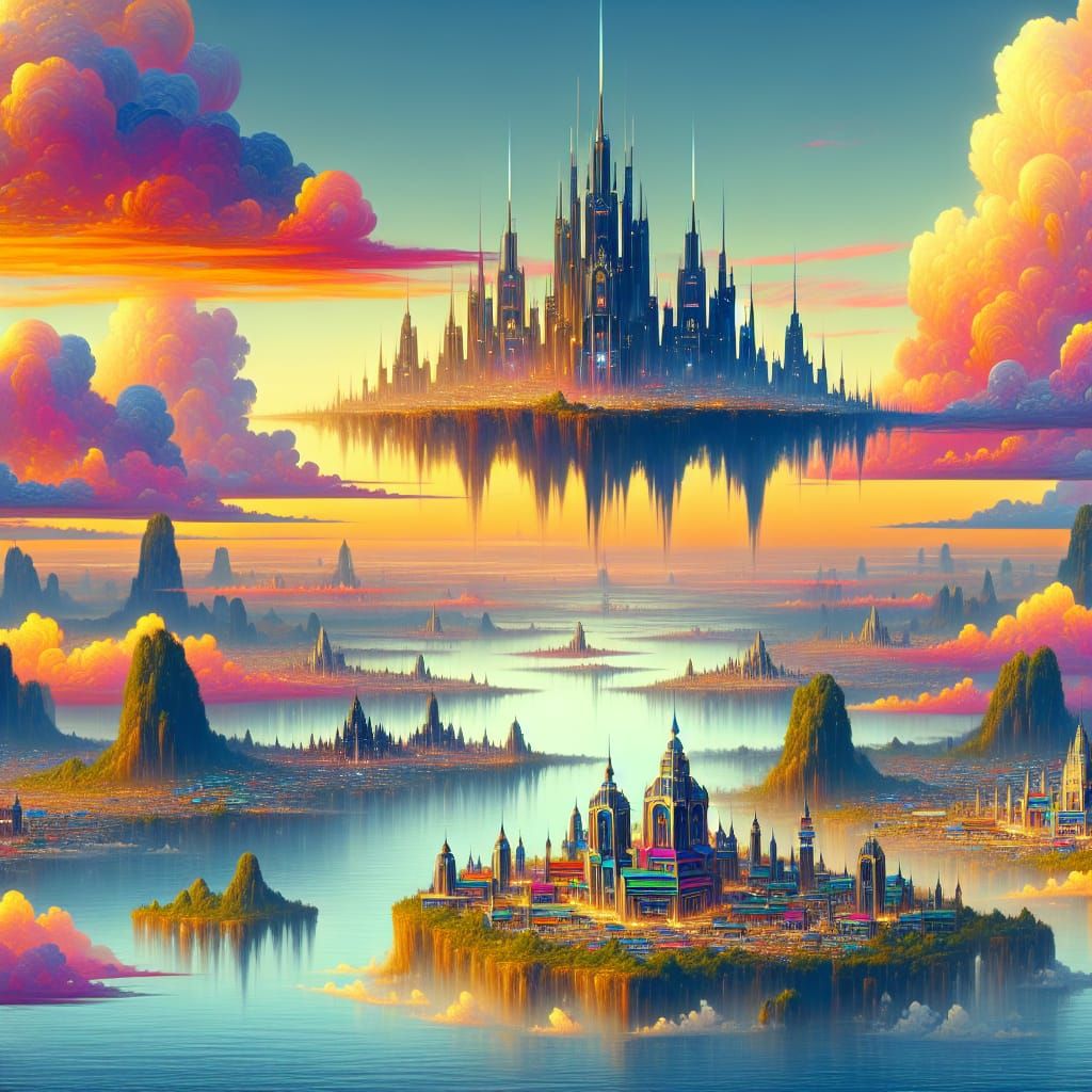 Fantasy Landscape with Floating Asian-Futuristic City