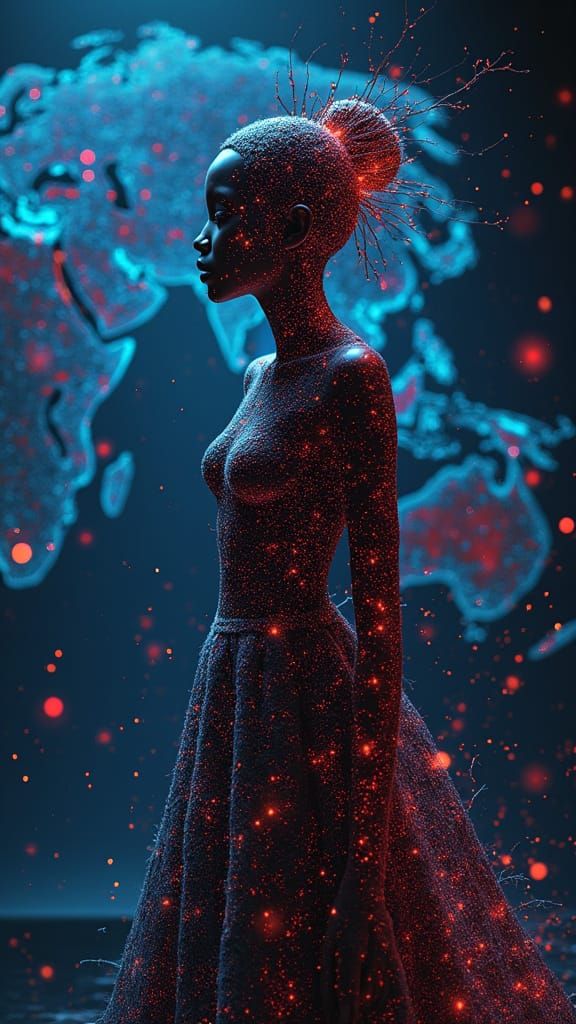 Digital Goddess Blending Cultural Symbols in Futuristic Harm...