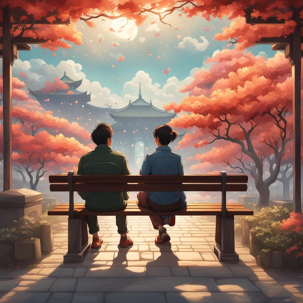 Asian Couple Gazing at Sky: Detailed Concept Art