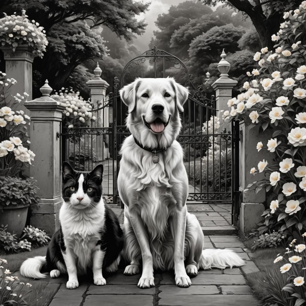 Elegant Monochrome Pets Waiting by Gate Illustration