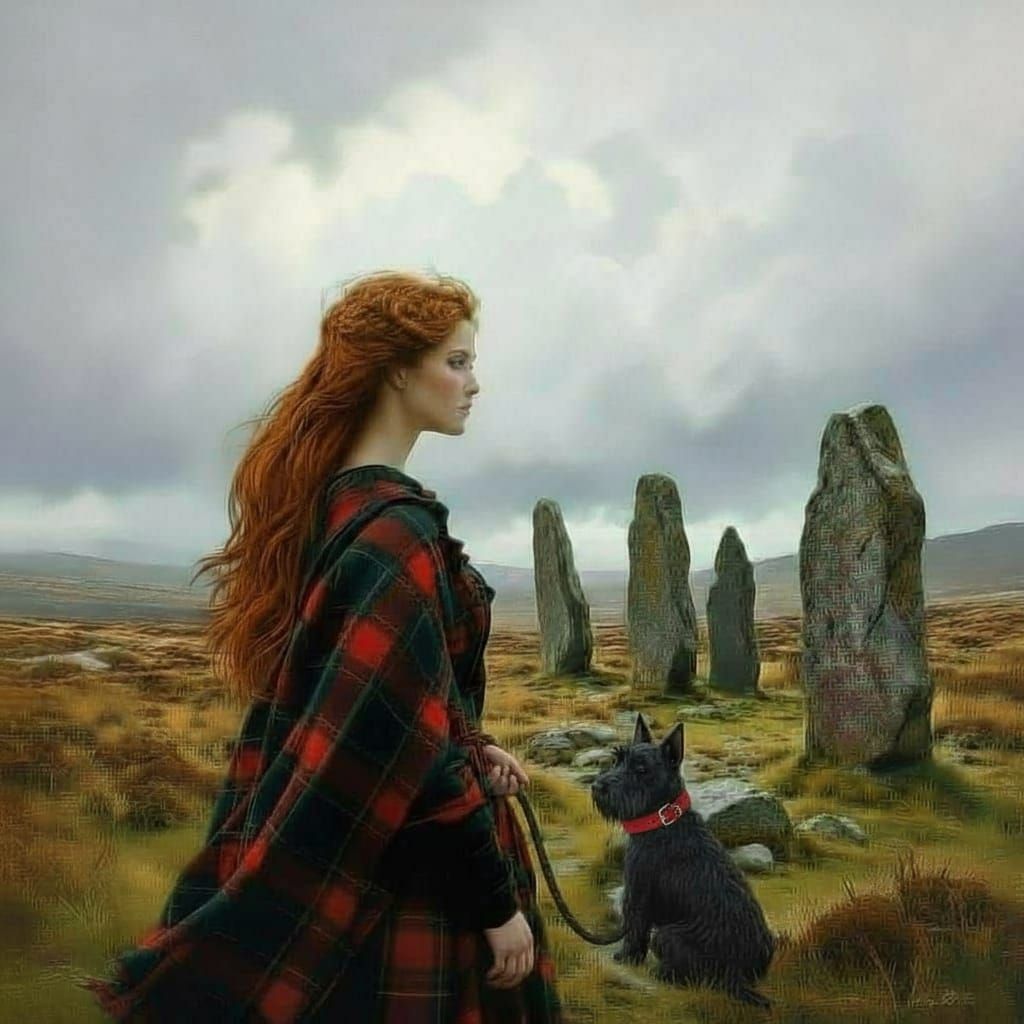 Scottish Woman Contemplates Ancient Stones in Dramatic Storm...