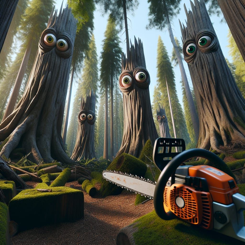 Anthropomorphic Trees Face Googly-Eyed Chainsaw in Forest