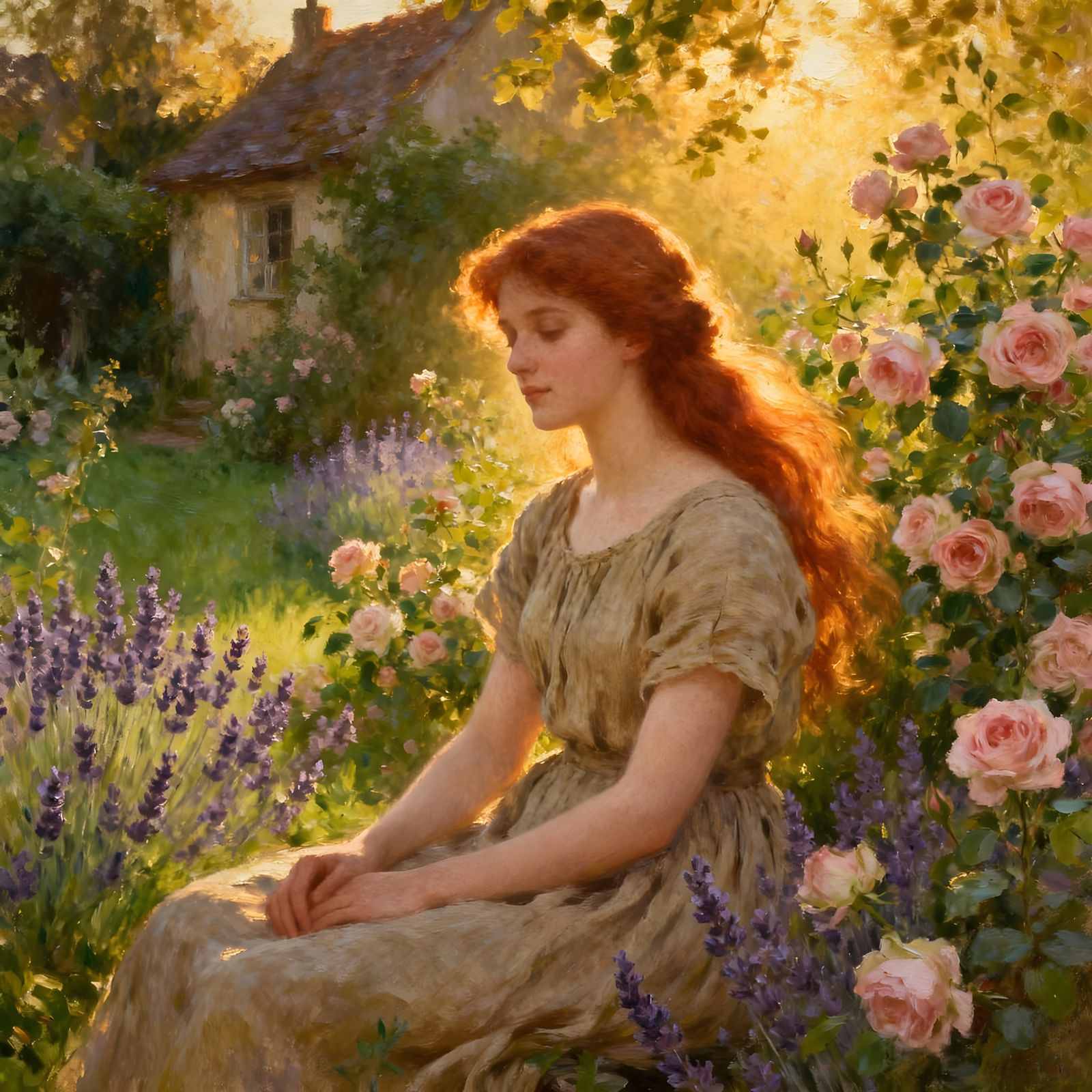 Elegant Young Woman in Lush Cottage Garden Painting