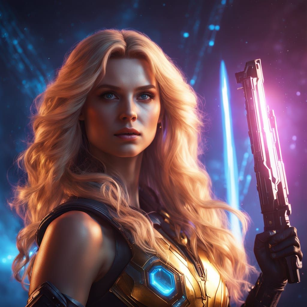 Barbarella-Inspired Space Warrior Woman in Neon Blues and Pu...