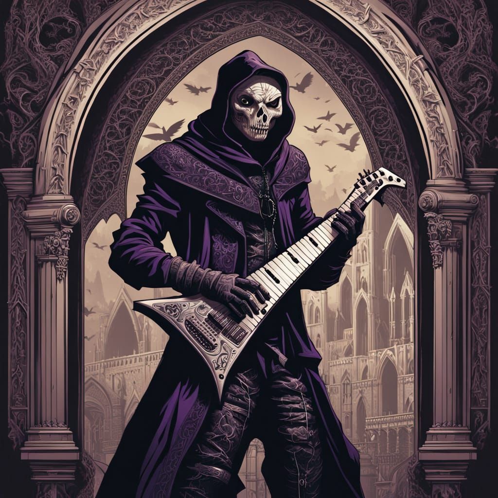 Hooded Figure Plays Keytar in Gothic Cathedral