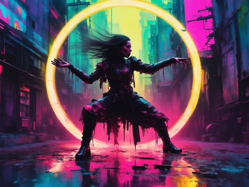 Cyber Neon Haka Dance in Surrealist Futuristic Style