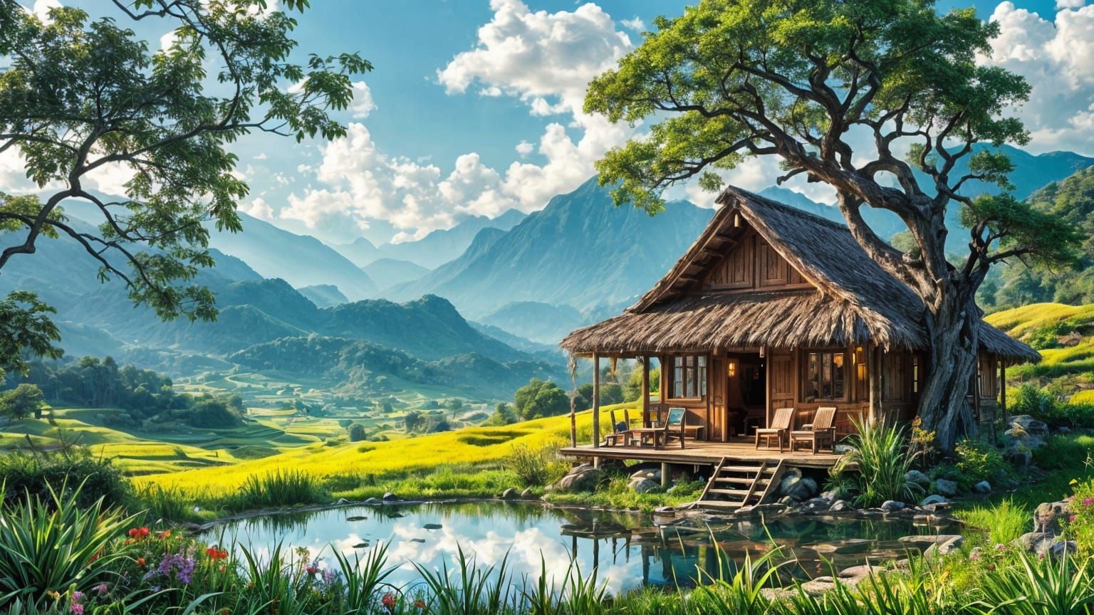 Bamboo Shack Amidst Serene Rice Terraces and Majestic Banyan...