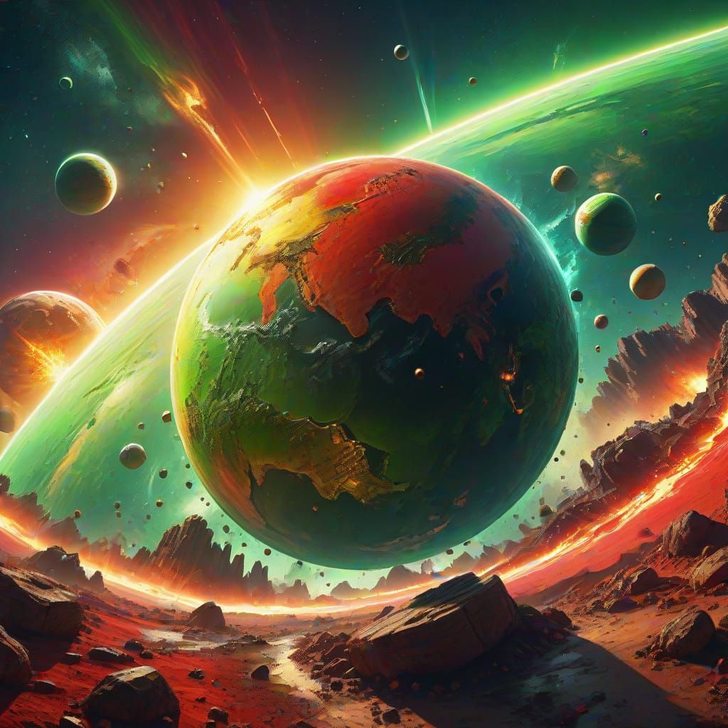 Five Planets Aligned Towards a Red Sun in Splash Art