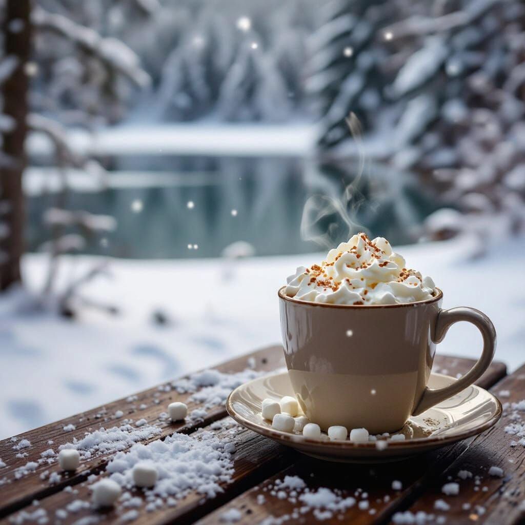 Cozy Hot Chocolate Still-Life in Winter Landscape