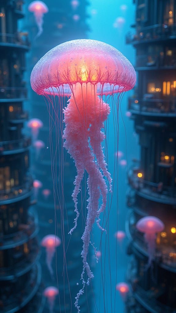Bioluminescent Jellyfish Drifting Through Futuristic City
