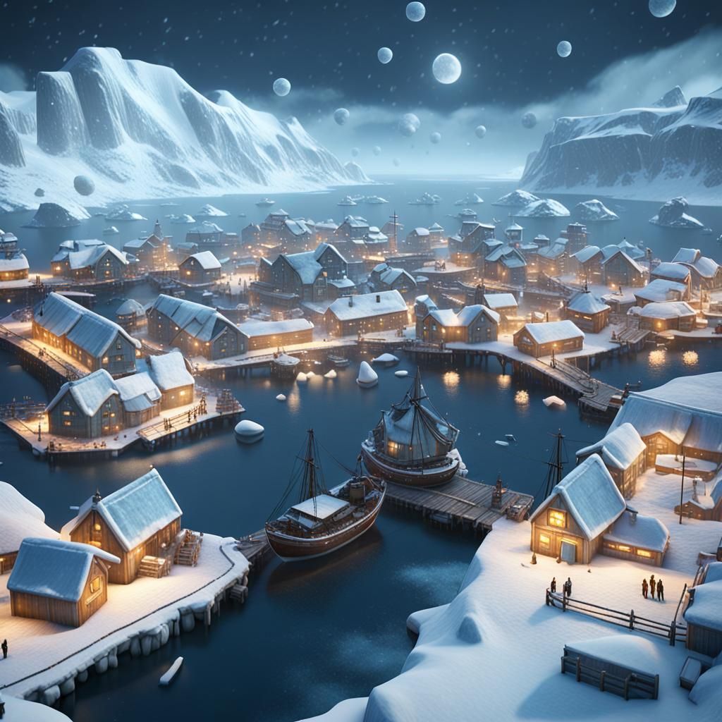 Fantasy Inuit Port City in the Arctic, 3D Render