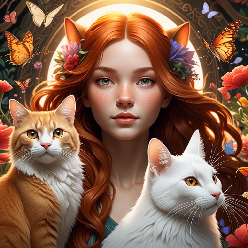 Whimsical Cats in Tropical Paradise, Inspired by Art Nouveau