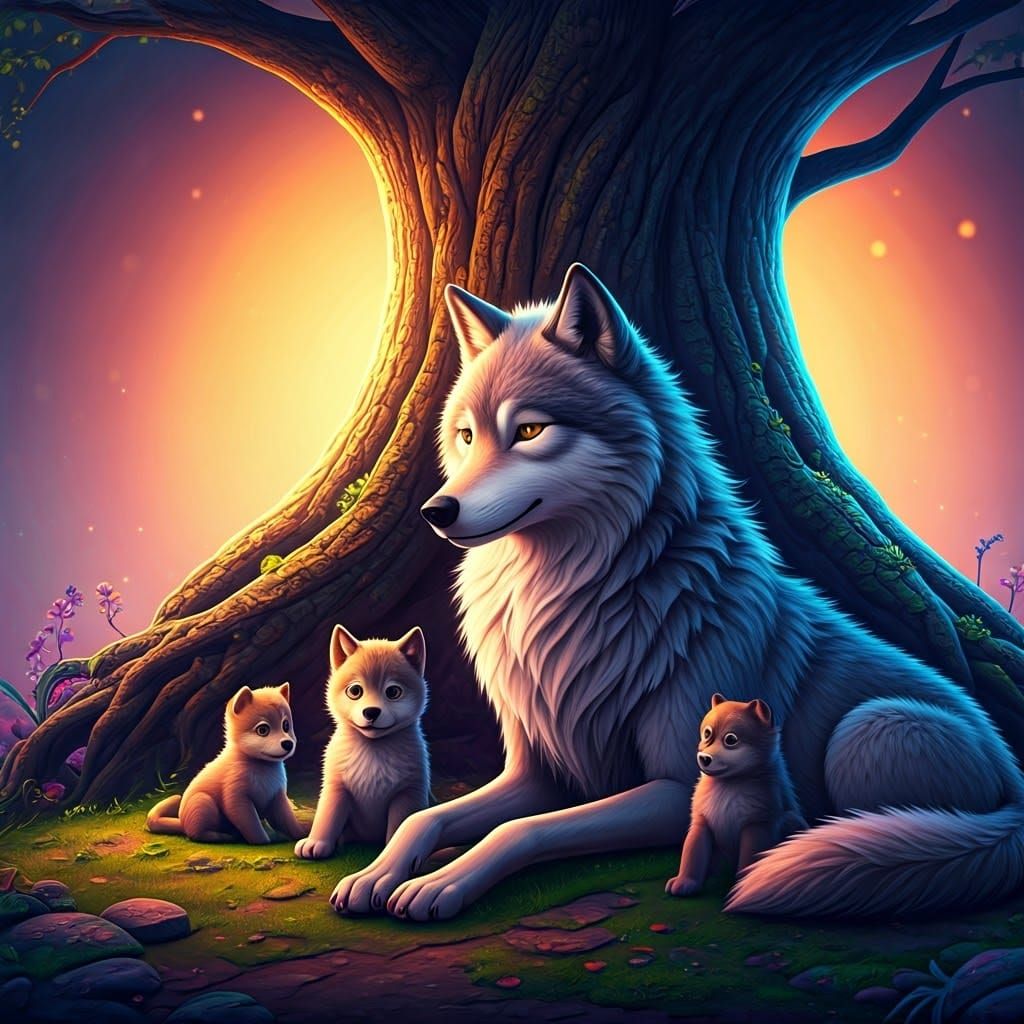 Wolf and Puppies Lounging in 3D Digital Art