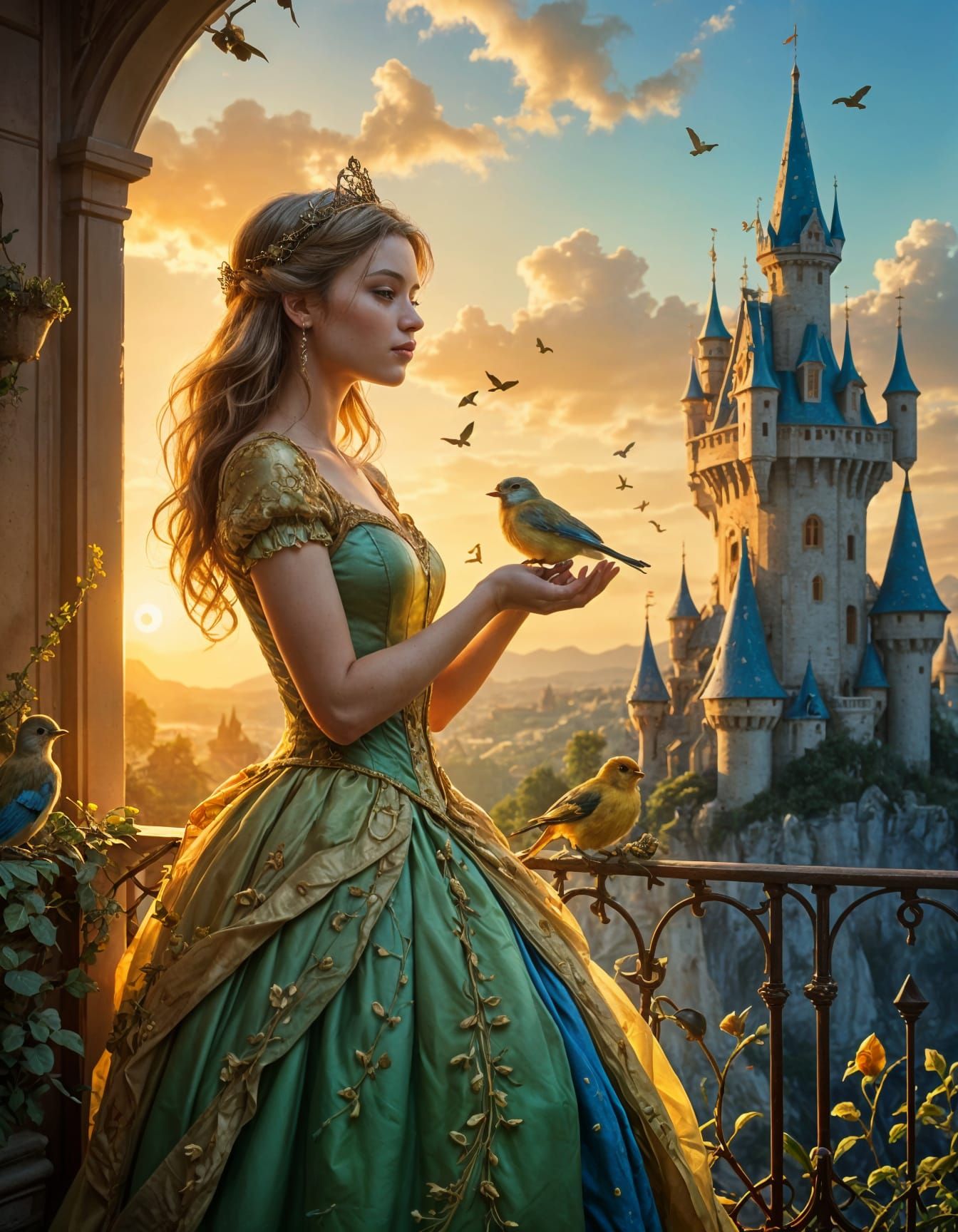 Princess Feeds Birds on Castle Balcony at Golden Hour