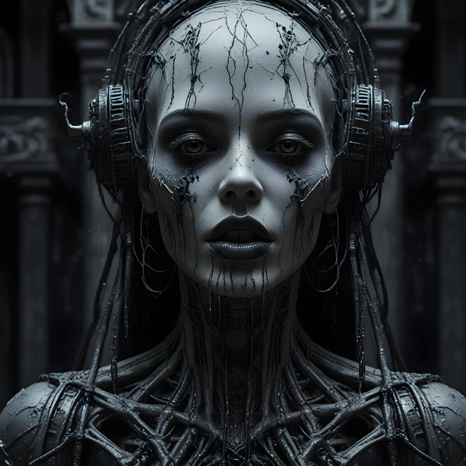 Ghostly Cyborg Woman in a Haunted Temple