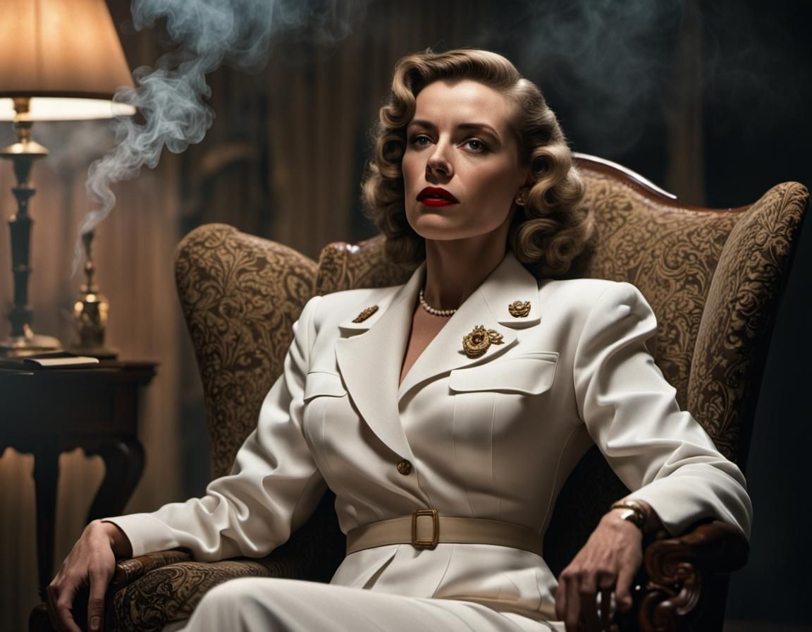Casablanca close up, full body, woman sitting in a chair at a dimly lit room, cigar smoke, drama, romance, WWII, highly ...