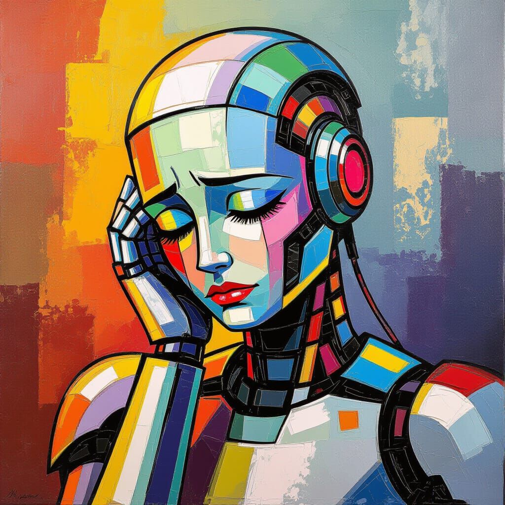 Sad Robot Girl in Expressionist Oil Painting
