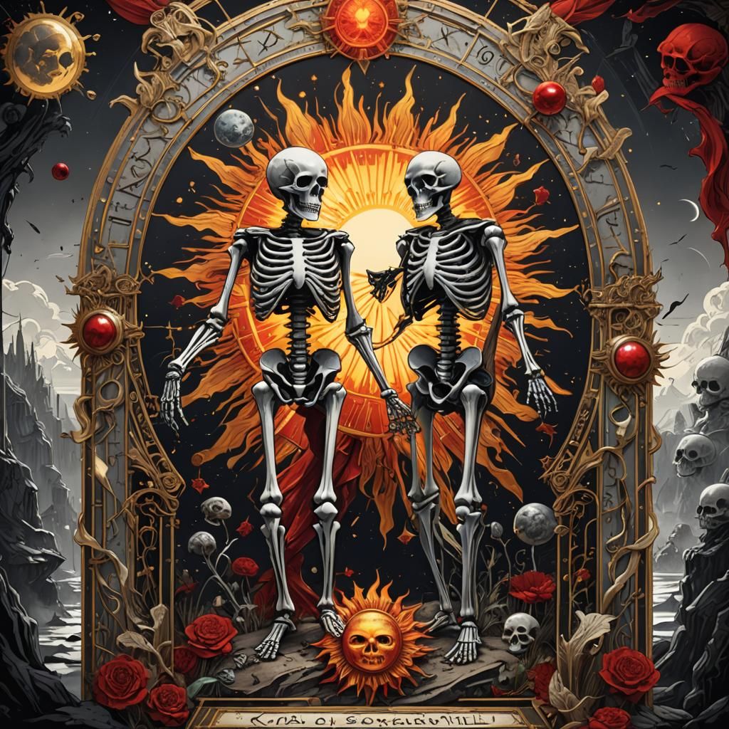 The Sun Tarot Card with Skeleton in Dark Fantasy Style