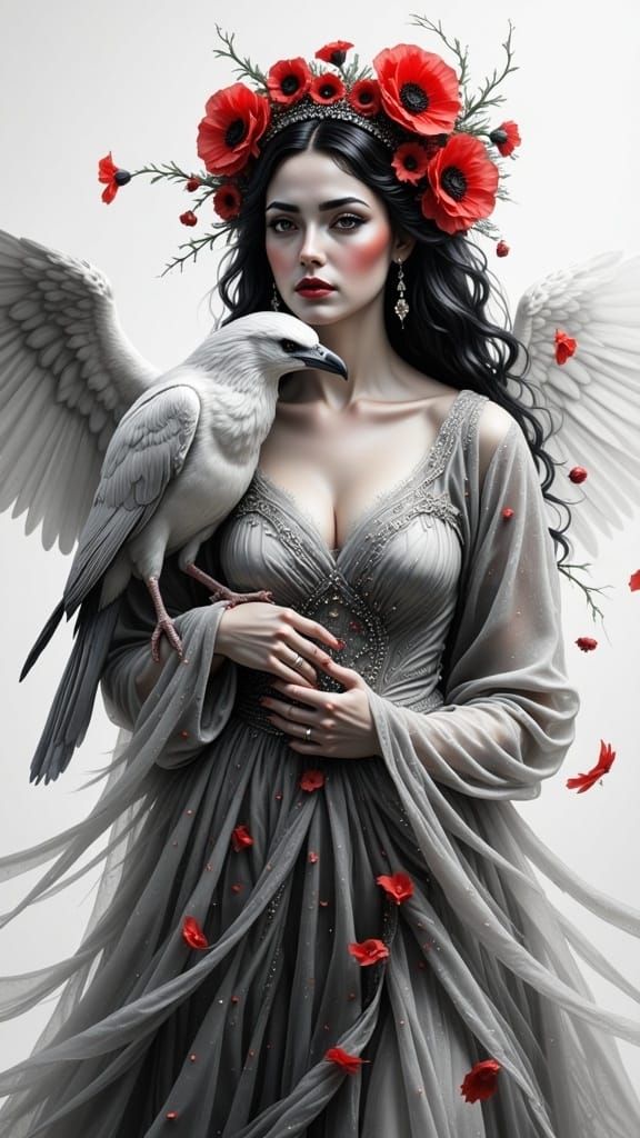 Goddess with Raven in Dark Fantasy Charcoal Sketch