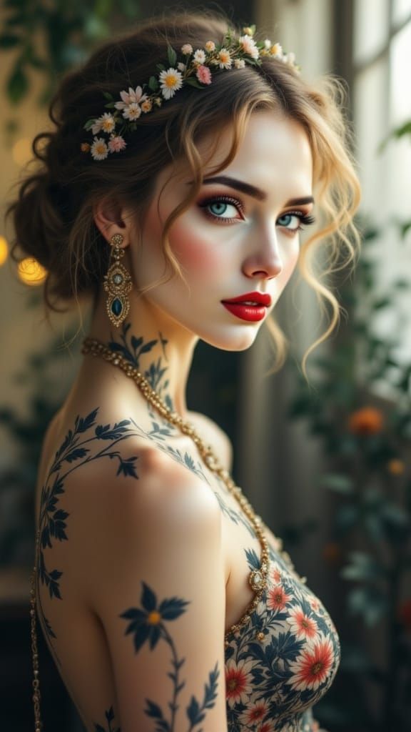 Ethereal Goddess in Art Nouveau Style with Gold and Crimson