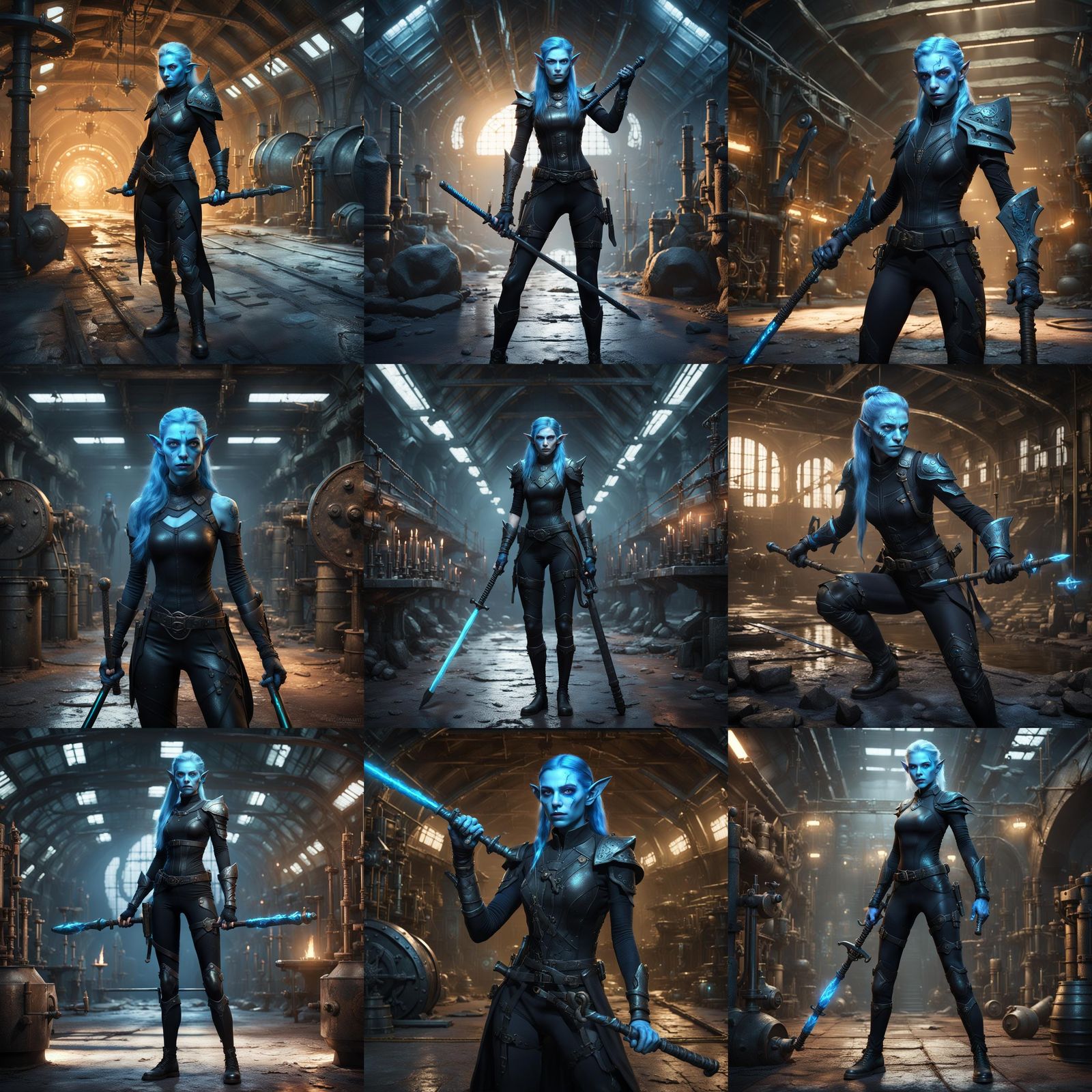 Blue Elf Warrior in Steampunk Laboratory