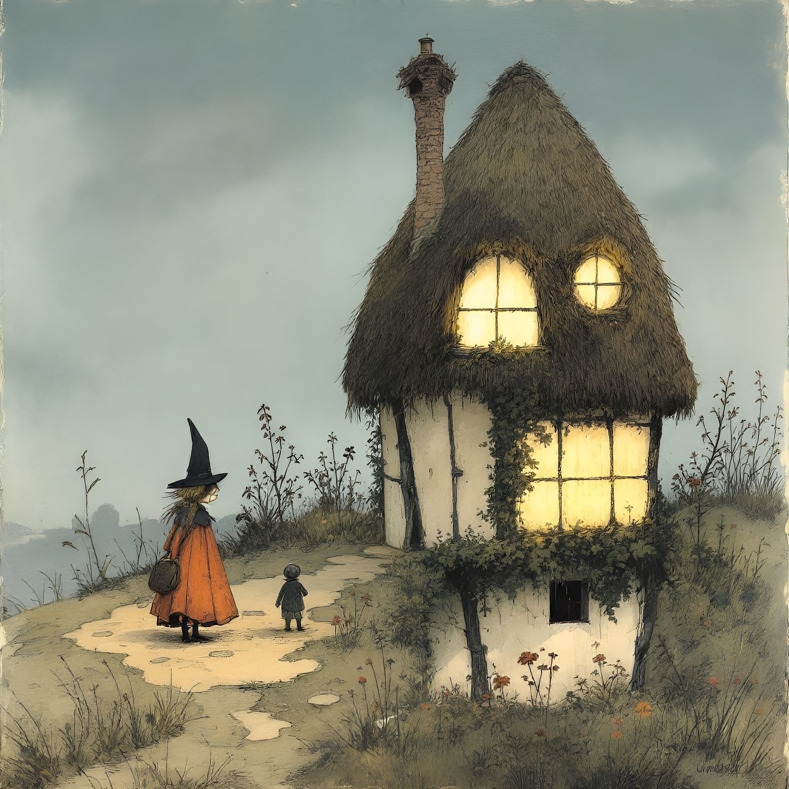 The Weaver's Cottage in Whimsical Watercolor Style