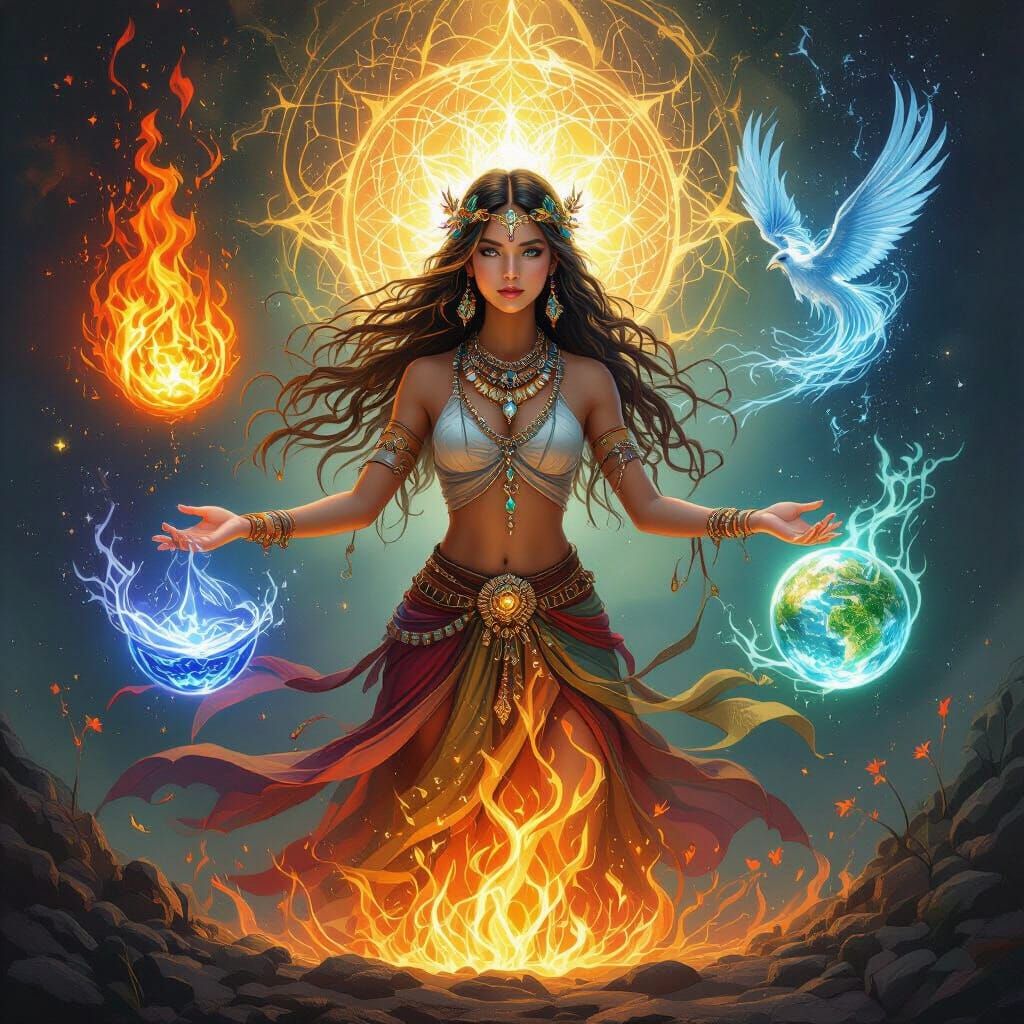 Shamanic Girl Controls Five Elements in Surreal Fantasy Art