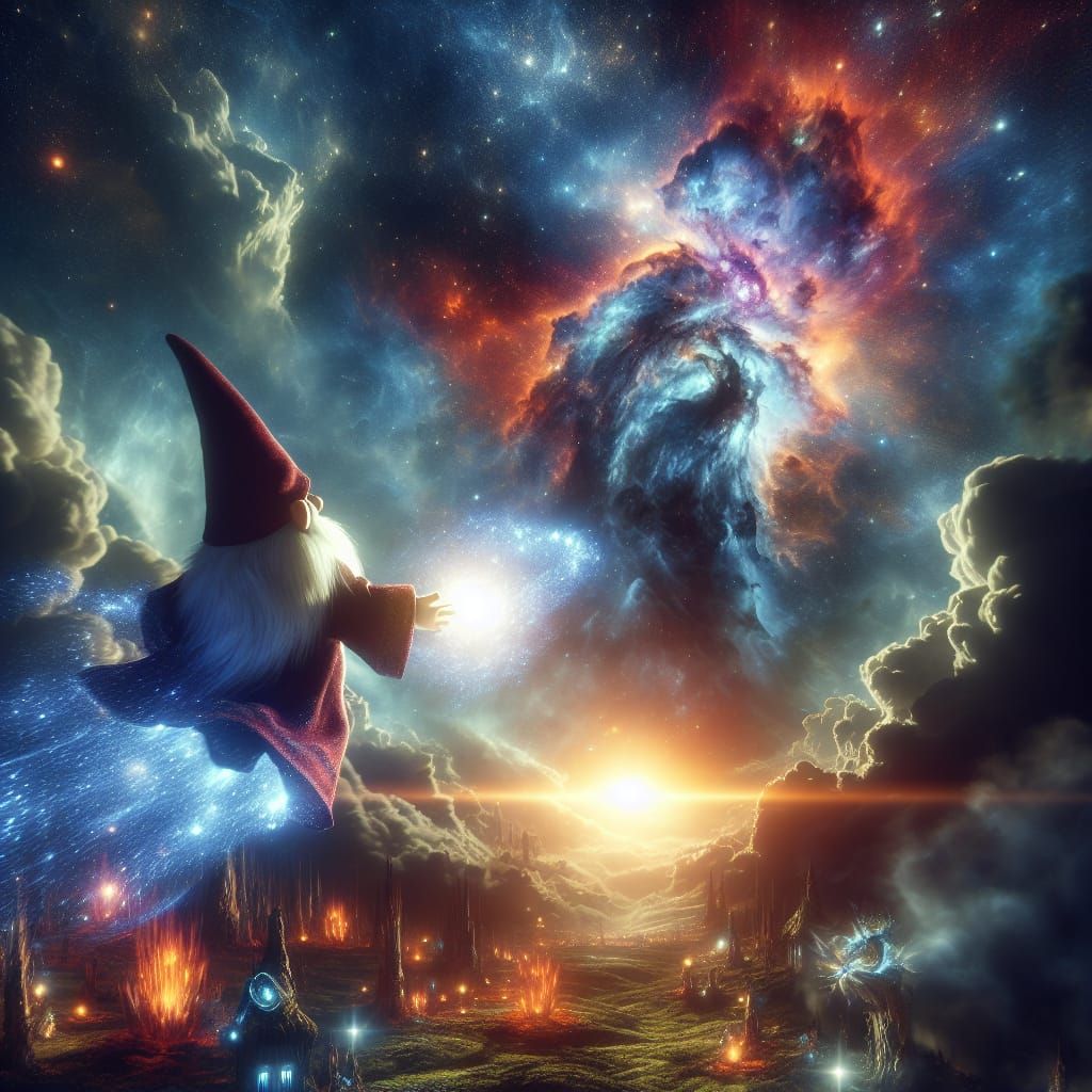 Gnome Ascending to Godhood in Cosmic Nebula