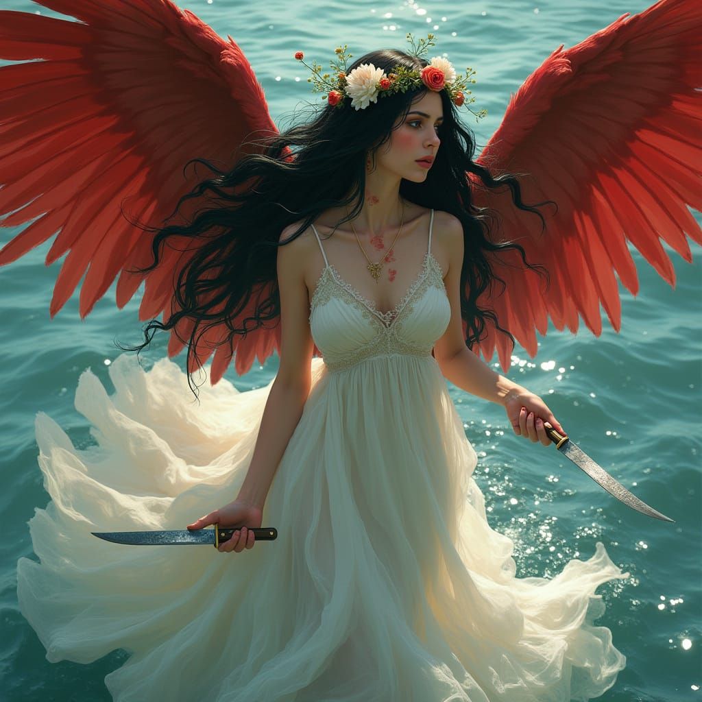 Woman with Knife and Wings in Dark Fantasy Style
