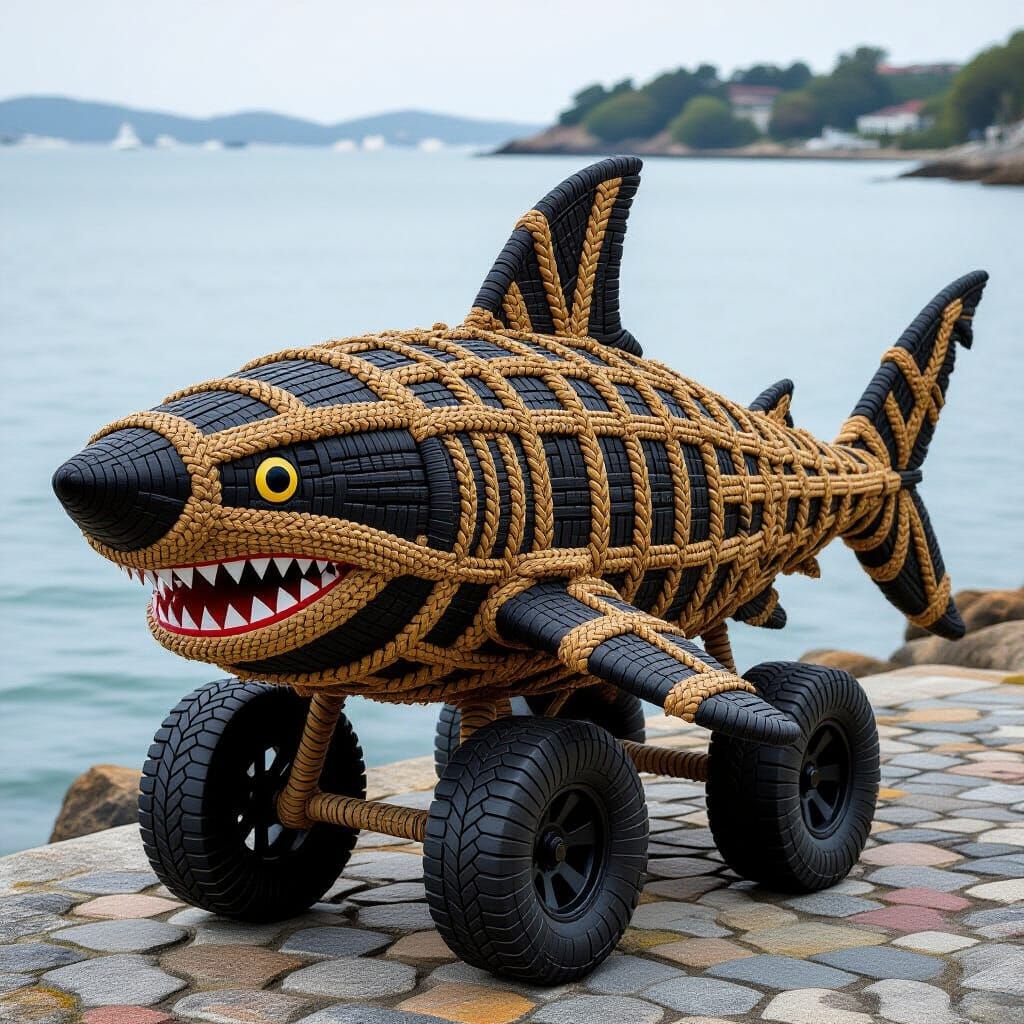 Woven Tire Shark Sculpture in Impressionistic Style