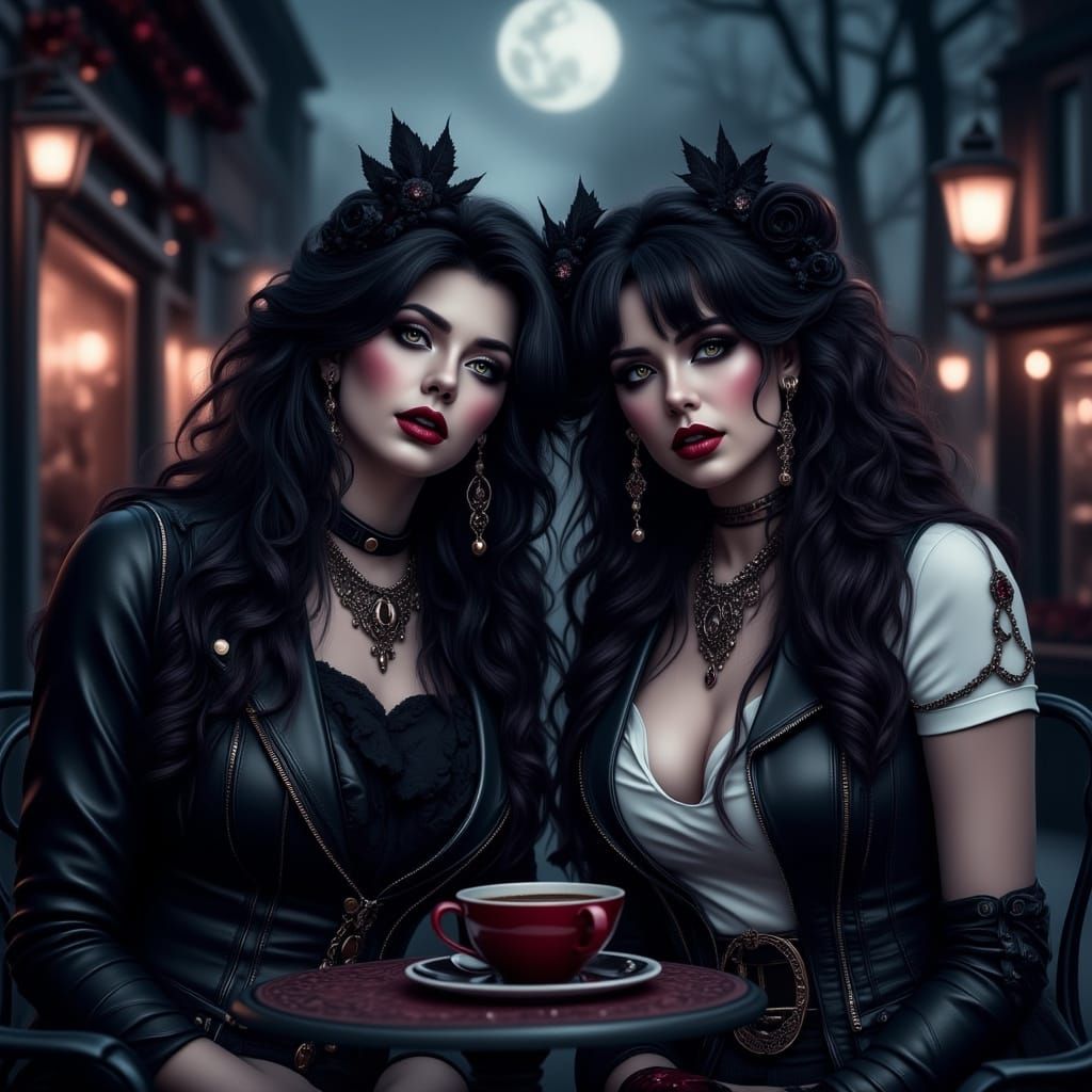 Gothic Dark Beauty in Moonlit Coffeeshop