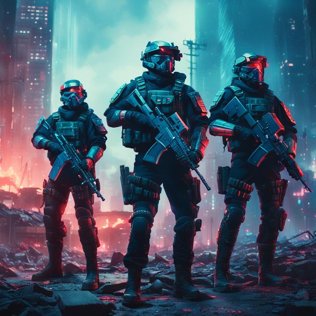 Cyberpunk Militia in Ruined Cityscape