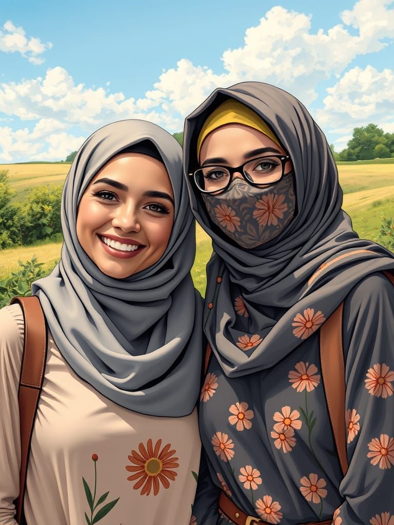 Comic Book Portrait of Two Friends in Hijabs