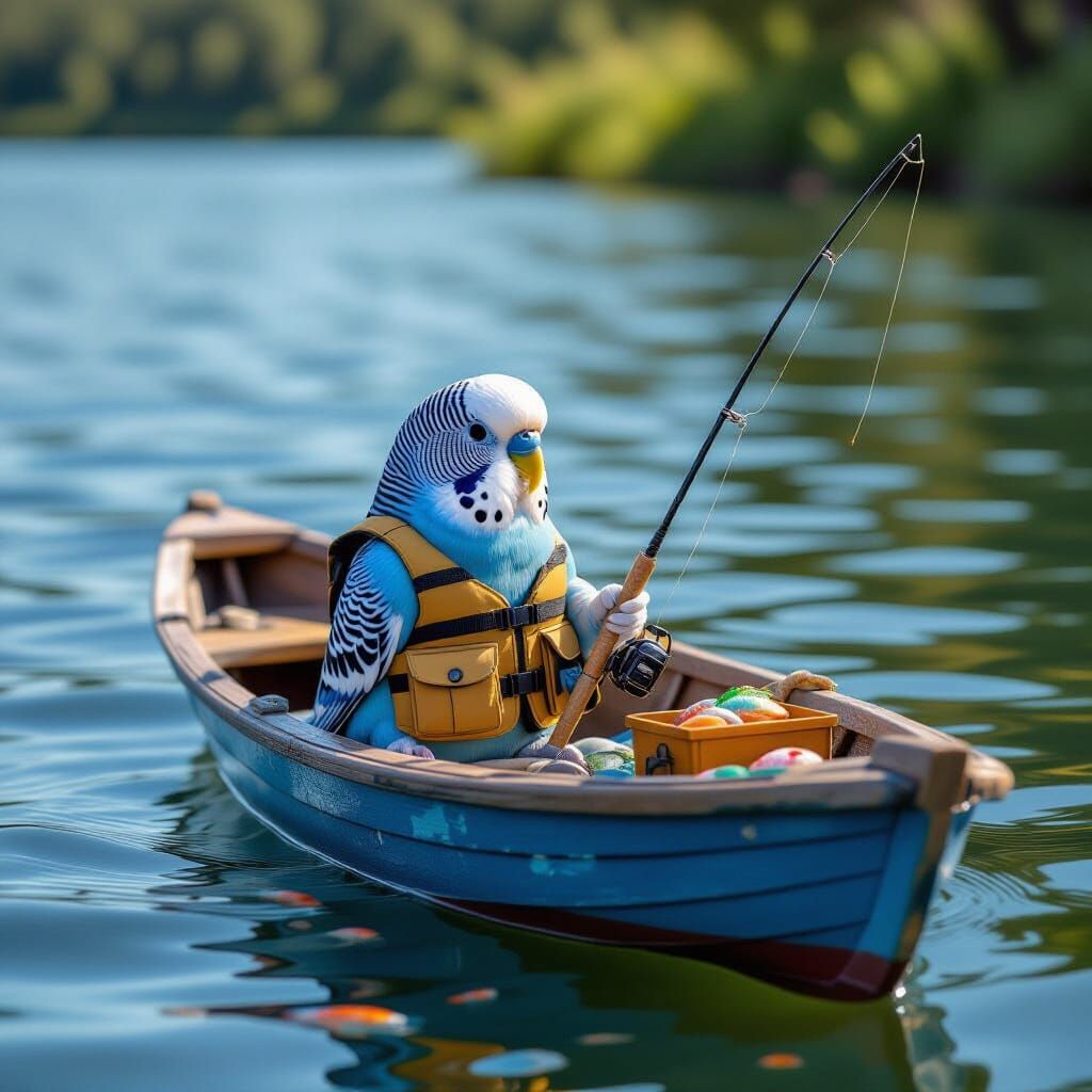 Blue Budgie Fishing on Serene Lake: Hyper-Realistic Photo