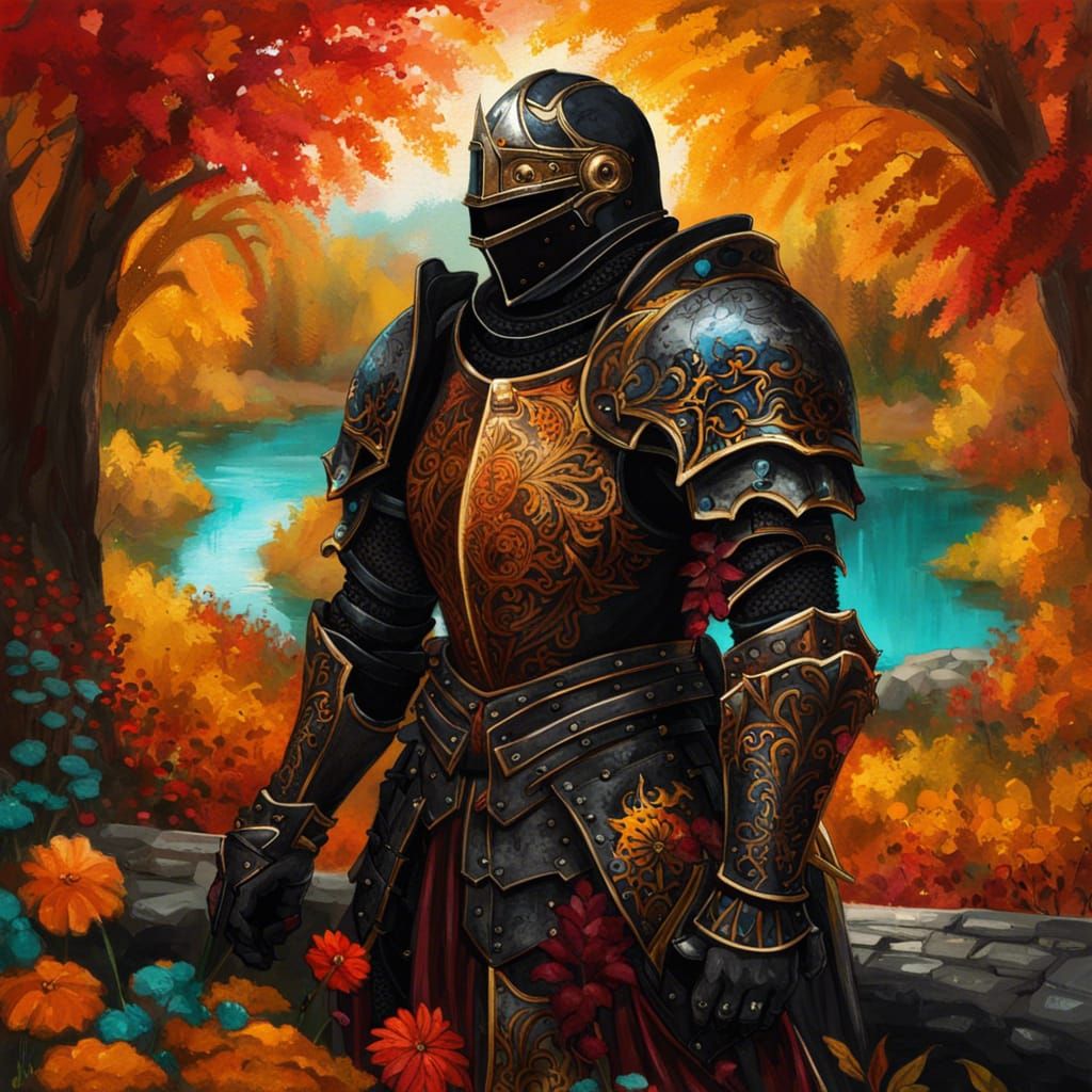 Grimdark Unholy Paladin in Autumnal Forest: Gouache Painting