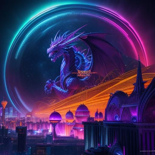 Cosmic Dragon Soaring Over Neon Las Vegas