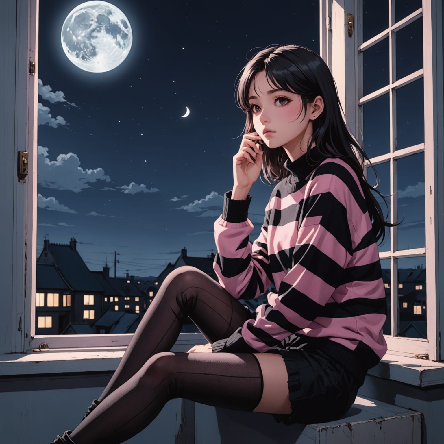 Ethereal Emo Girl Under Moonlit Night