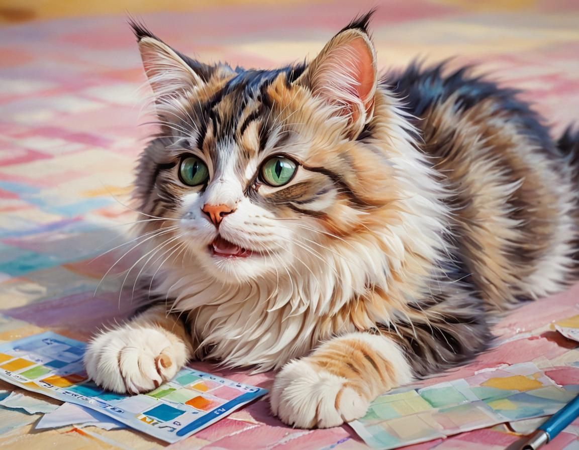 Cute Kitty Playing: Whimsical Digital Art