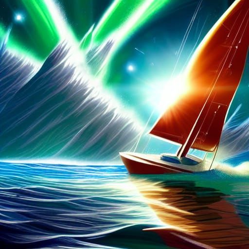 Sailboat on a Living Sea in Science Fiction Style