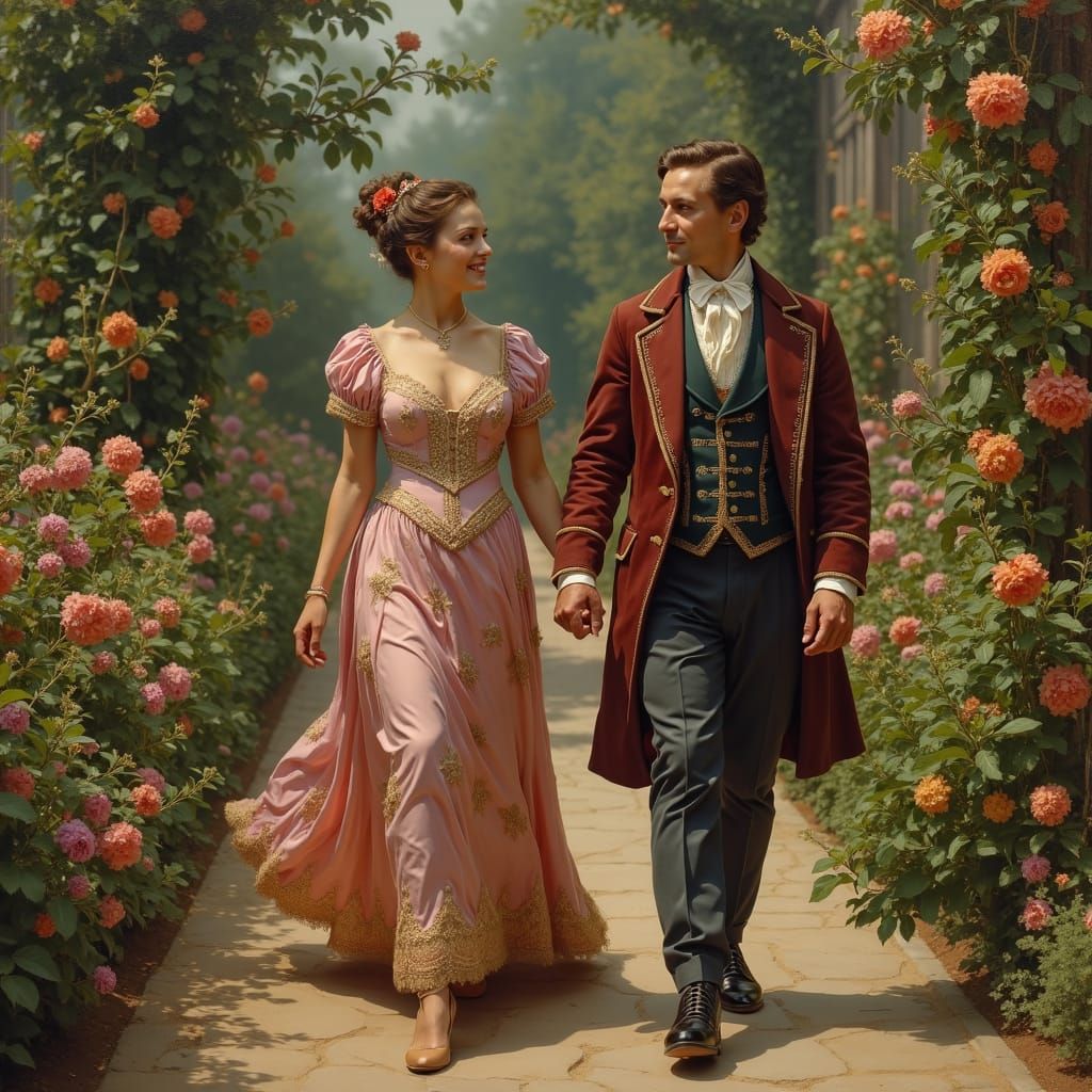 Rococo Couple Strolling Through Palace Garden