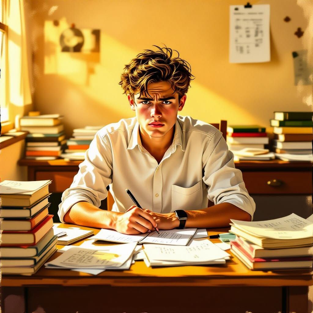 Student Surrounded by Math Books in Warm Light