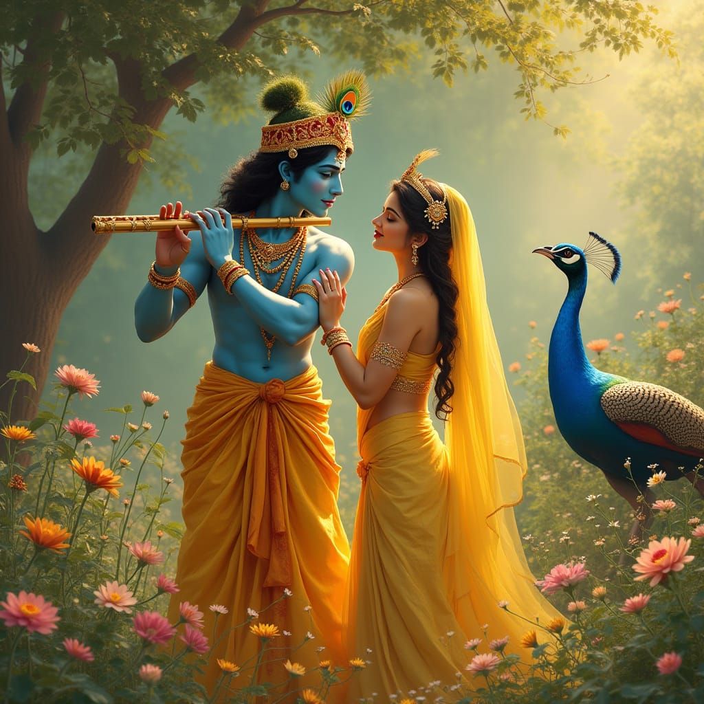 Lord Krishna and Radha in a Vrindavan Garden