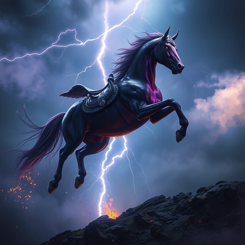 Pegasus in Dark Fantasy Stormscape with Lightning