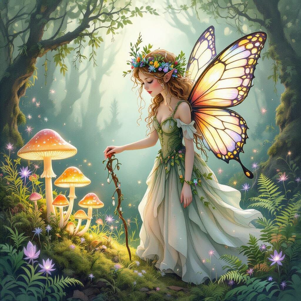 Moss Fairy Tending Glowing Mushrooms in Enchanted Forest