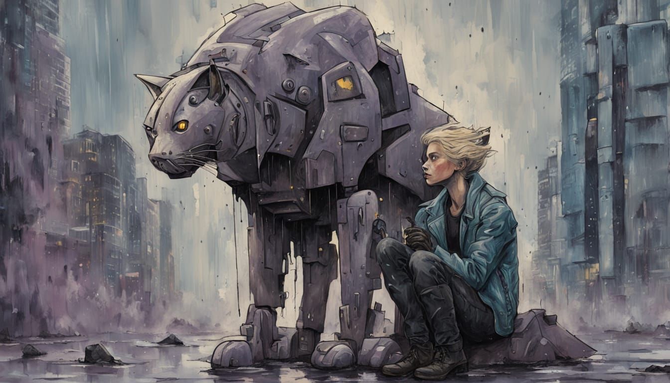 Repairing a Cyborg in a Ruined Cityscape