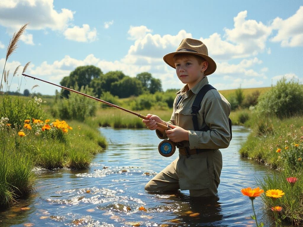 Boy Fly Fishing in Sunny Countryside, Impressionist Style