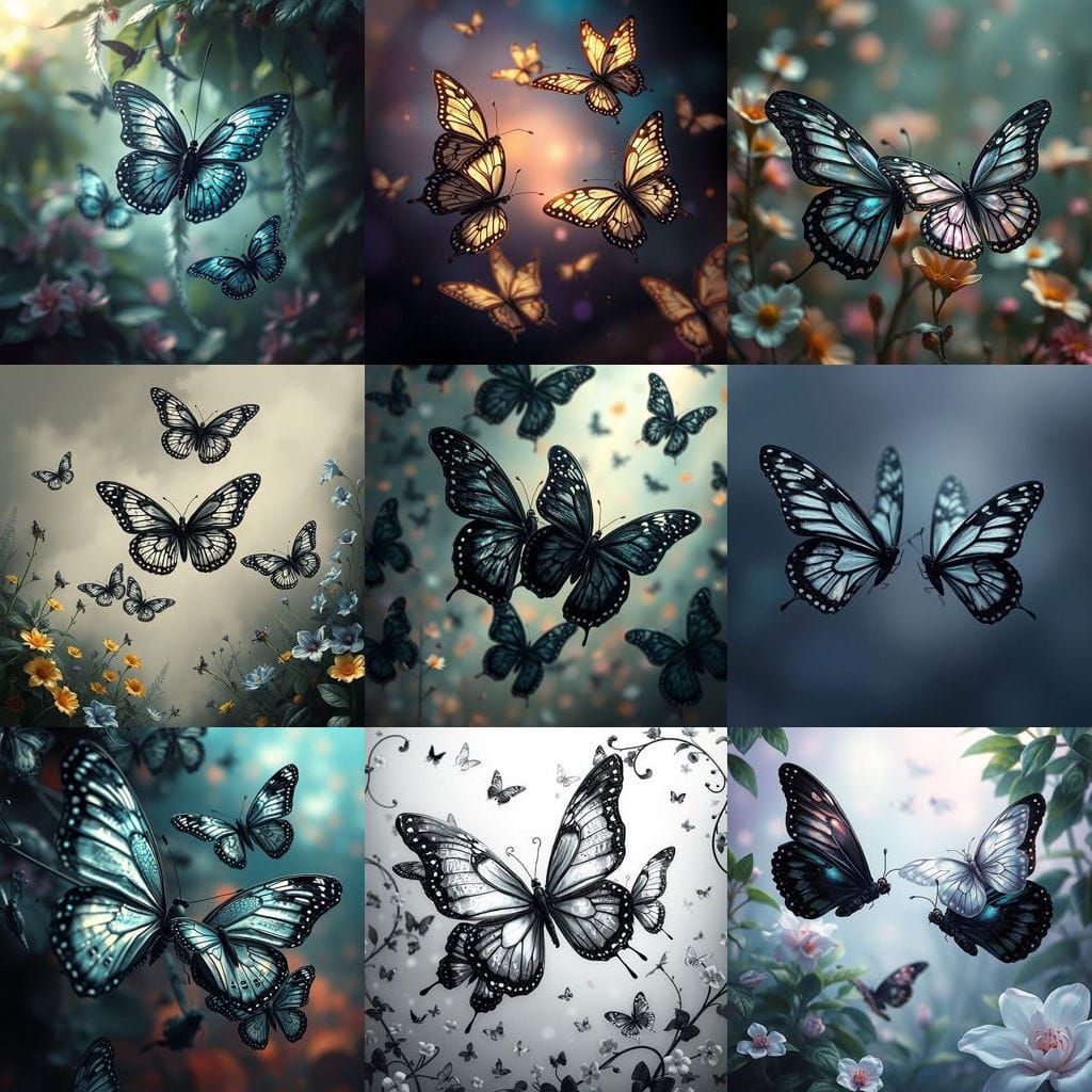 Surreal Black and White Butterflies in Fantastical Landscape...